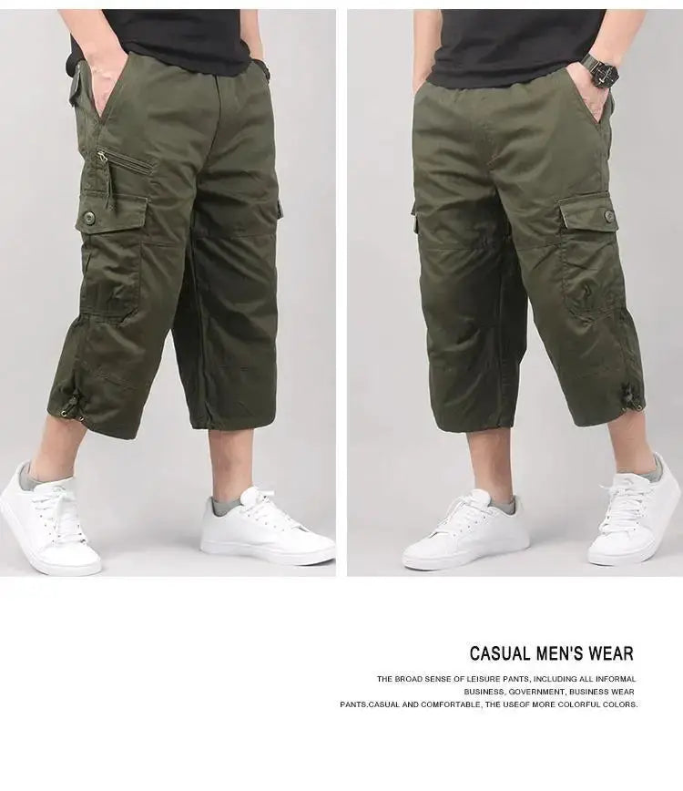 Men's olive cargo shorts with multiple pockets, knee-length, elastic waist for casual outdoor wear