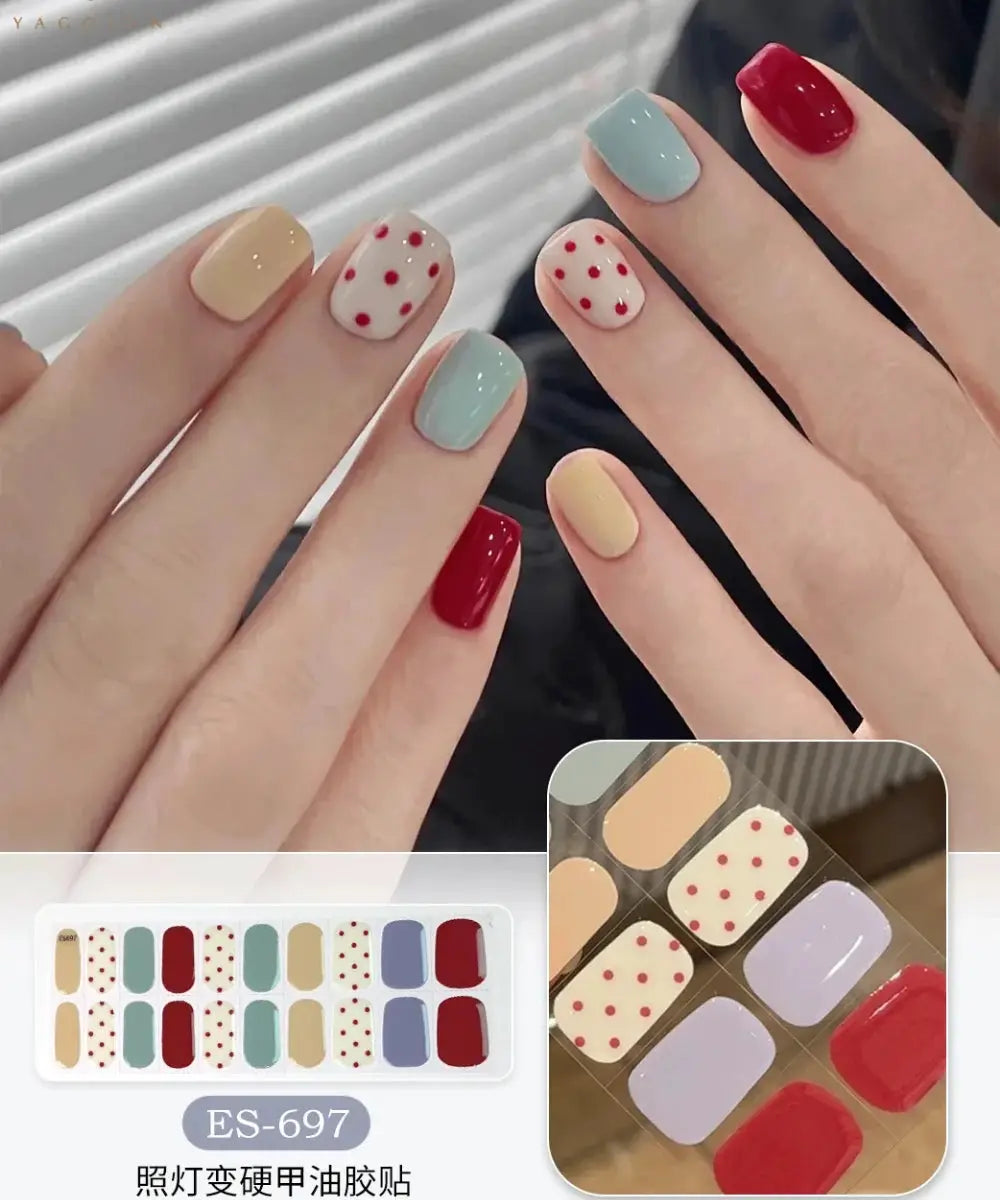 Simples Market gel nail wrap set, full-cover stickers in beige, mint, red; dotted white accents; UV lamp compatible.