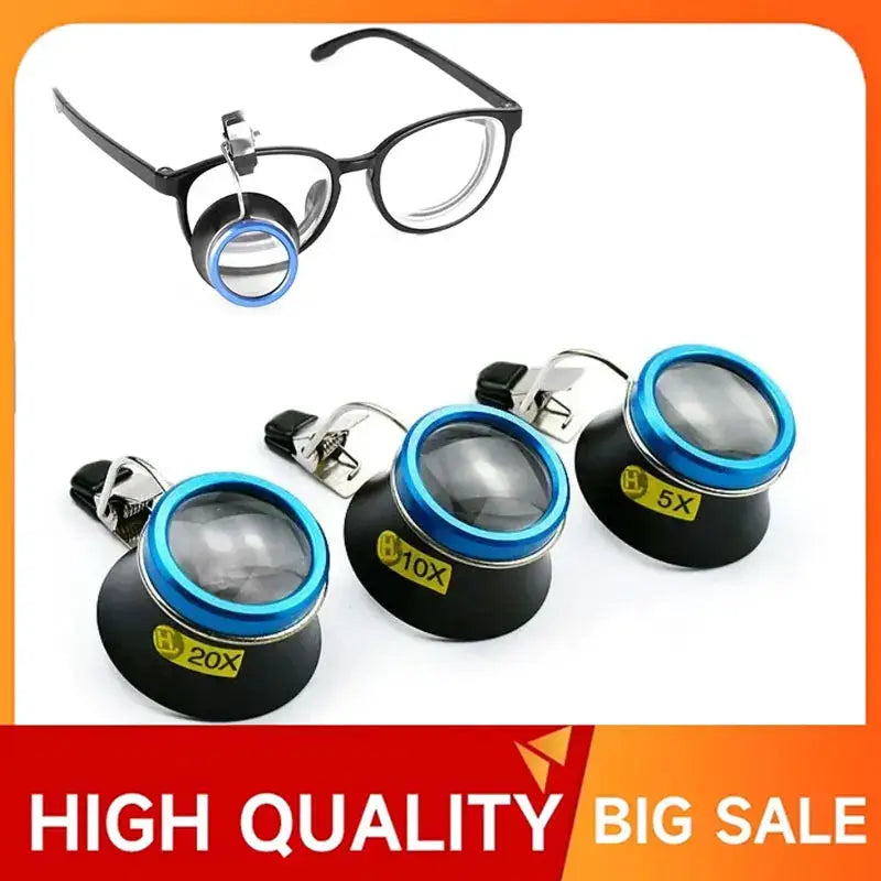 Clip-on magnifier kit by Simples Market with three loupes: 5x, 10x, 20x for watch and jewelry repair; glasses magnifier.