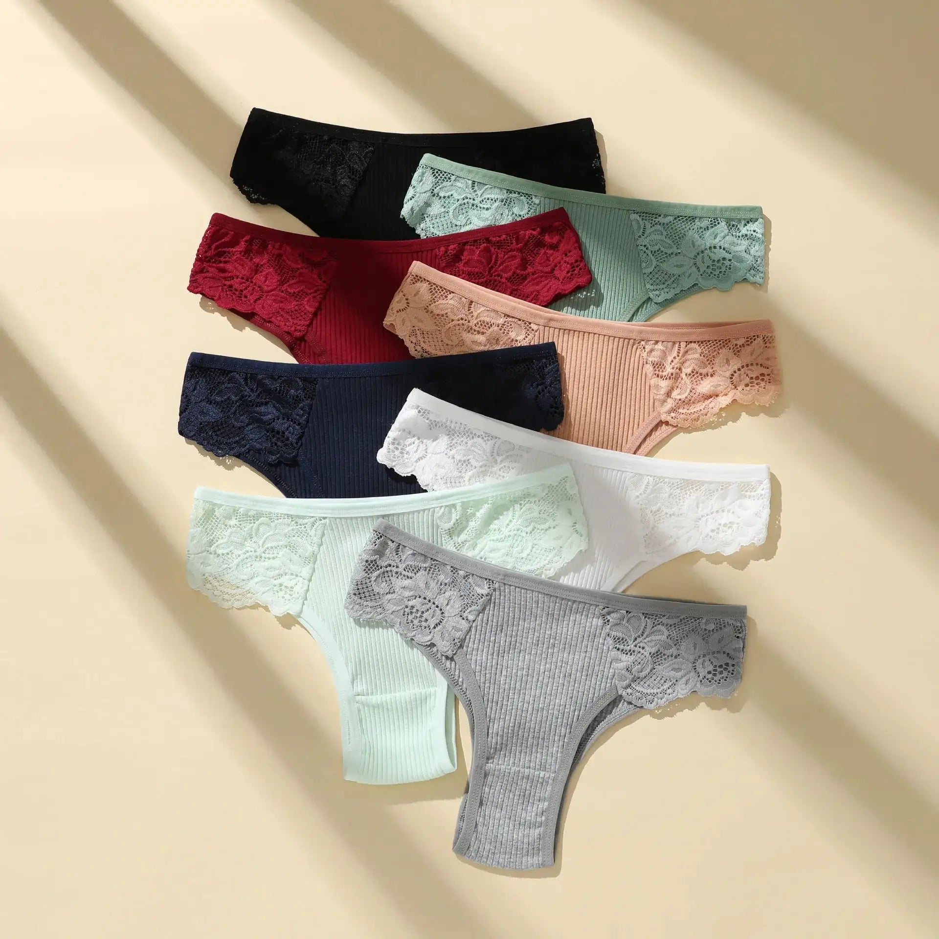 5-pack women's cotton panties with floral lace side panels and ribbed low-rise briefs in assorted colors