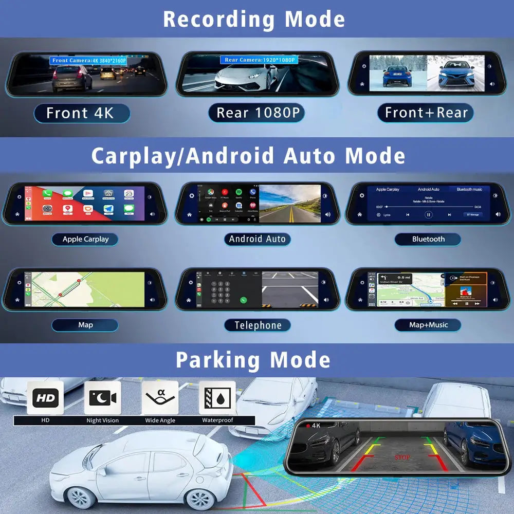 10In Dash Cam 4K 3840x2160P CarPlay Android Auto GPS WiFi Rear Mirror