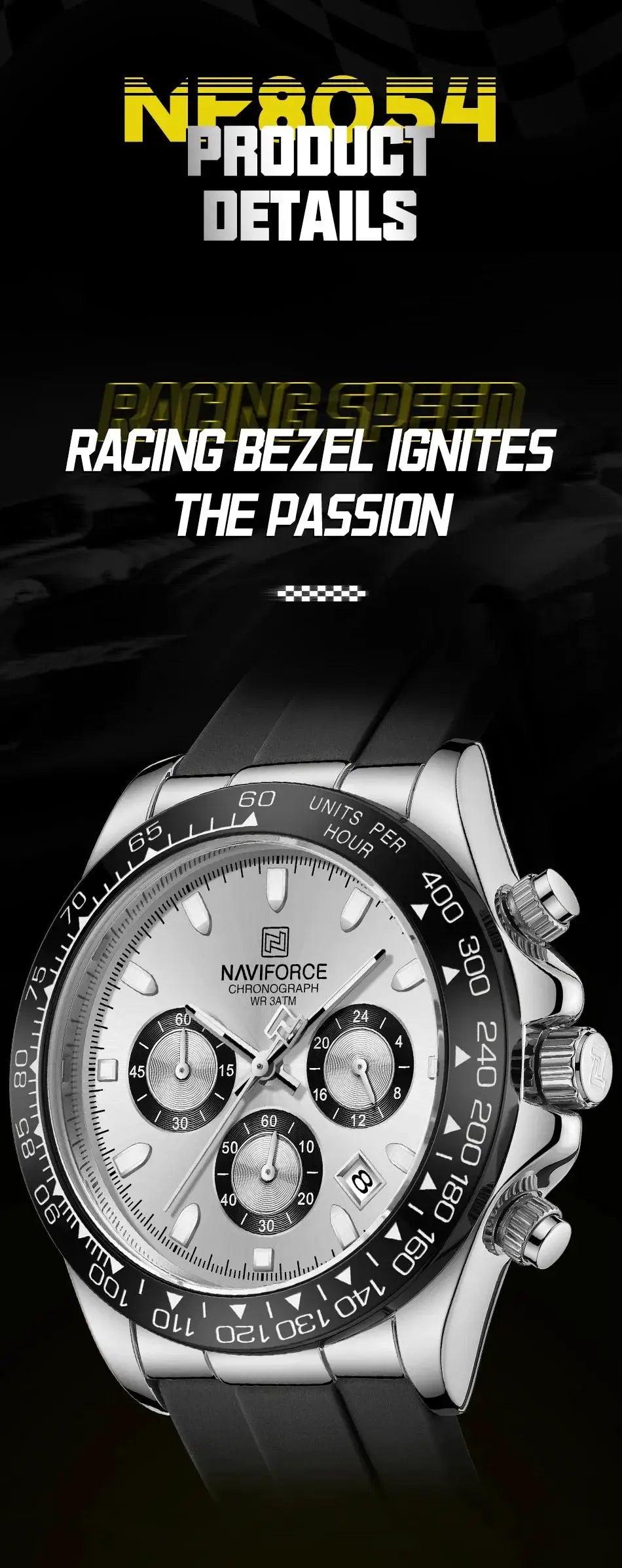 Naviforce NF8054 men's chronograph watch with silicone strap, black bezel, silver dial