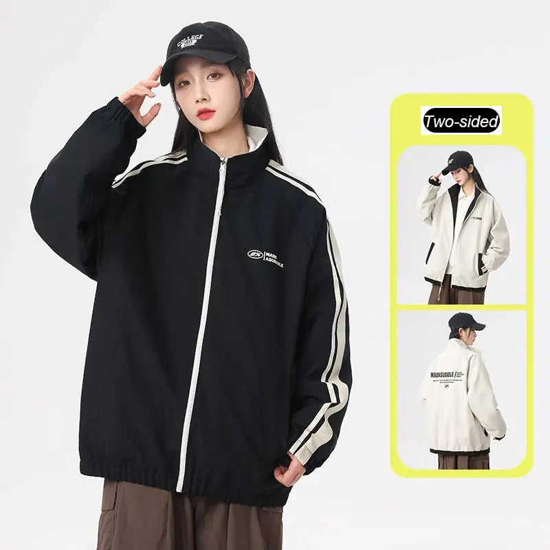Two-sided reversible windproof jacket in black with white stripe sleeves; inset shows cream version by Simples Market.