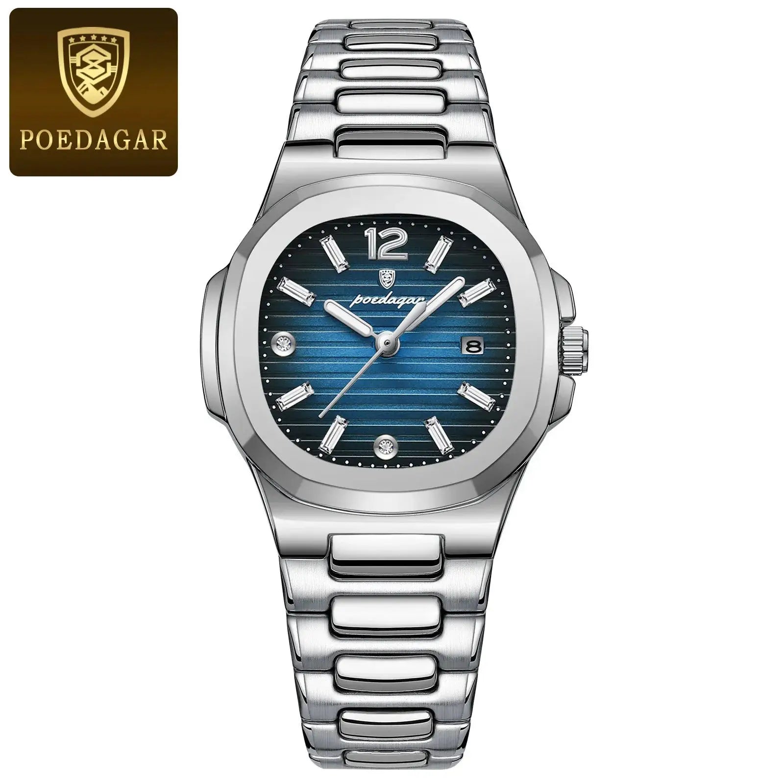 POEDAGAR square women's wristwatch with stainless steel bracelet, blue dial, luminous hands, date window.