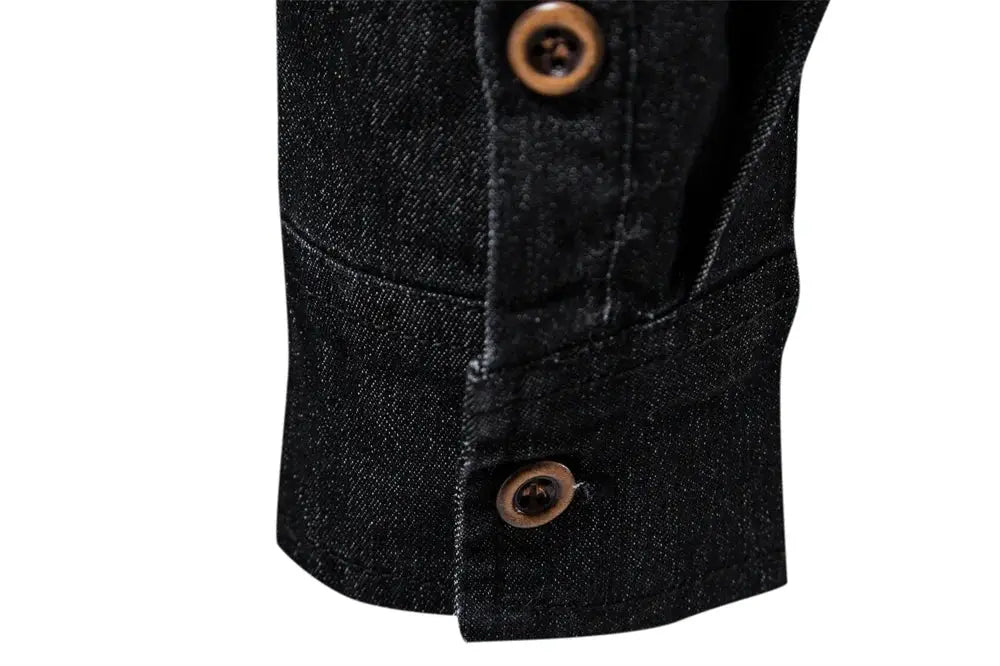 Denim shirt sleeve cuff in dark indigo cotton denim with brown buttons