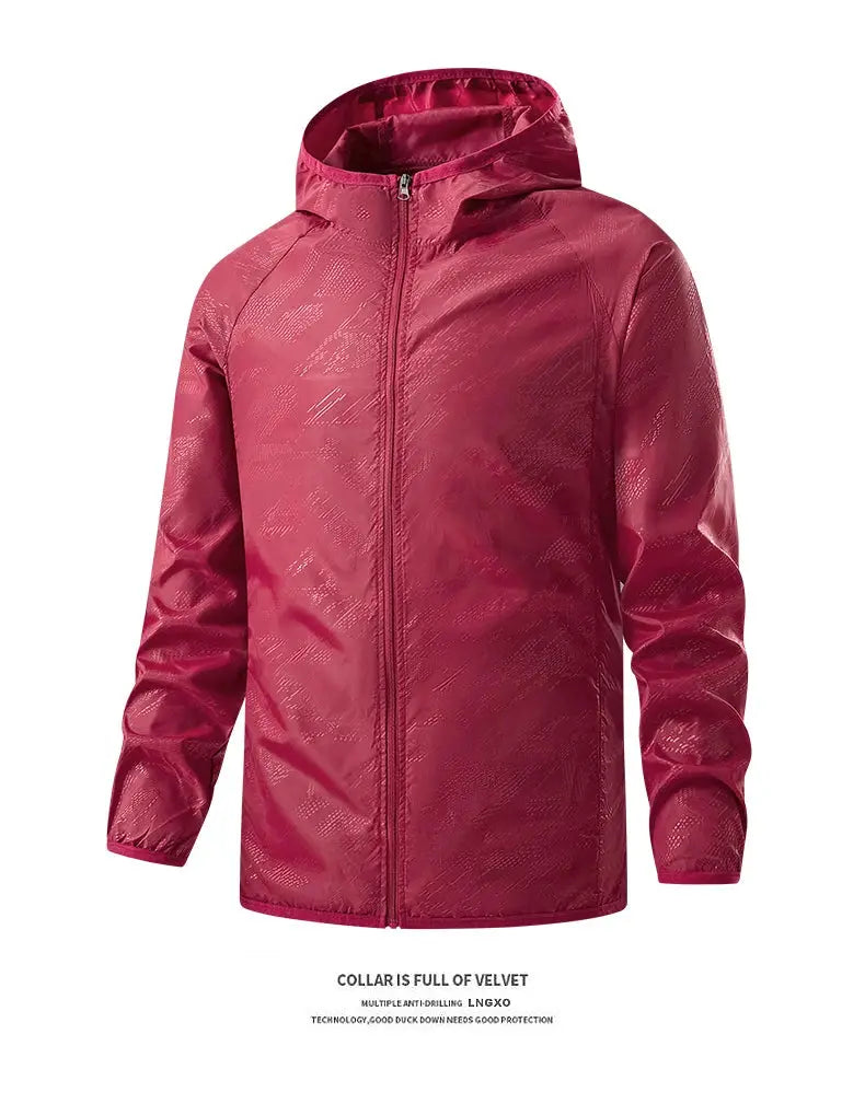LNGXO unisex waterproof hiking jacket in magenta with hood for outdoor rain protection
