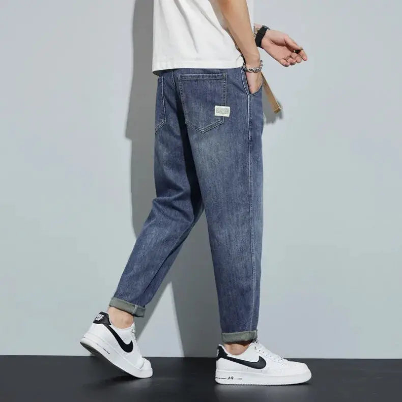 Winter fleece jeans for men in dark blue, loose straight fit with rolled cuffs by Simples Market