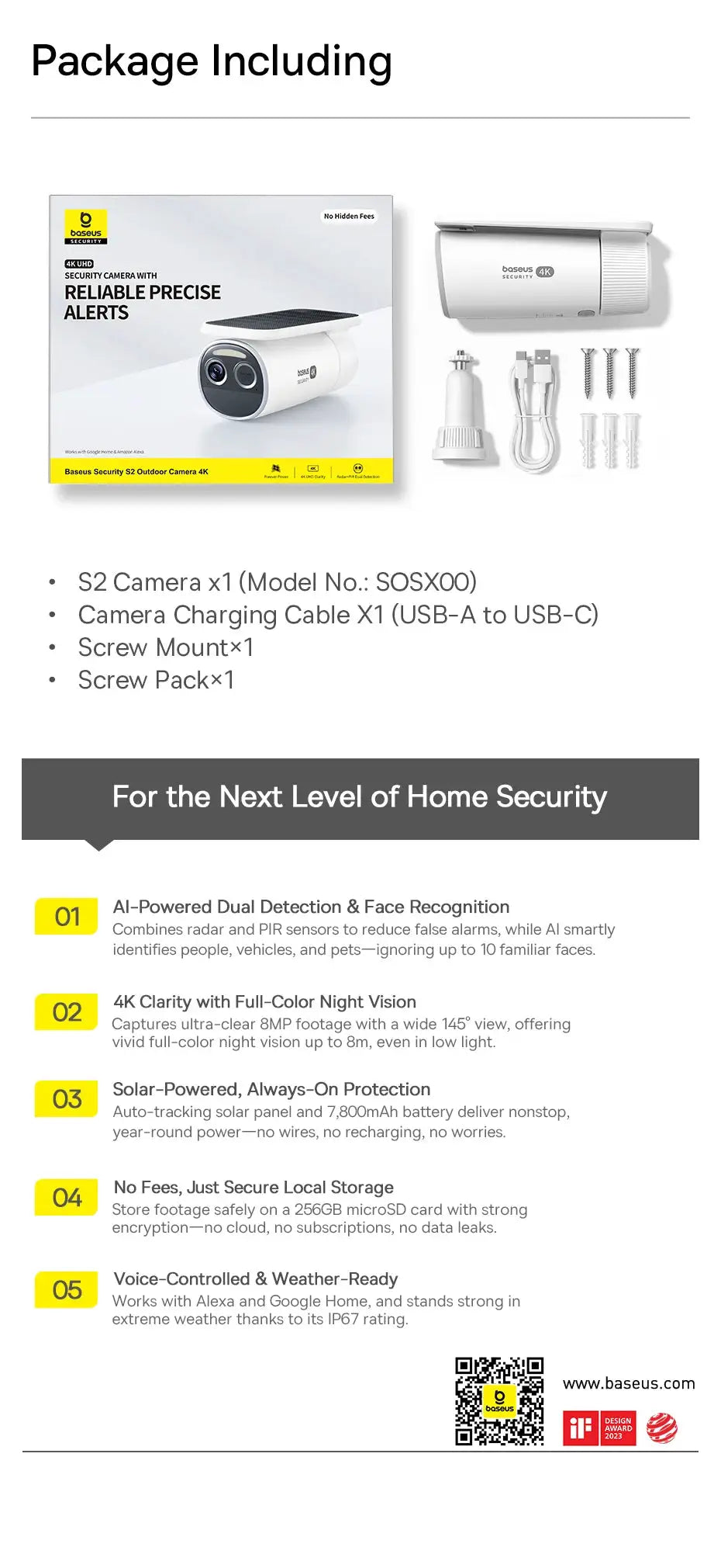 Baseus S2 Outdoor Camera 4K solar-powered, wireless IP67 kit; includes 1 camera, charging cable, screw mount and screws