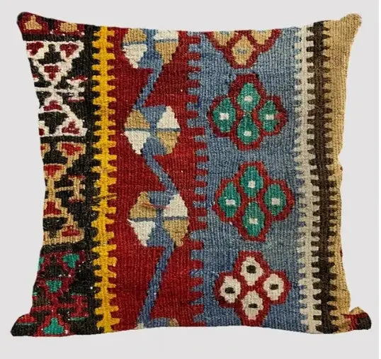 Bohemian linen cushion cover in multicolor abstract geometric print; decorative pillow case, Simples Market.