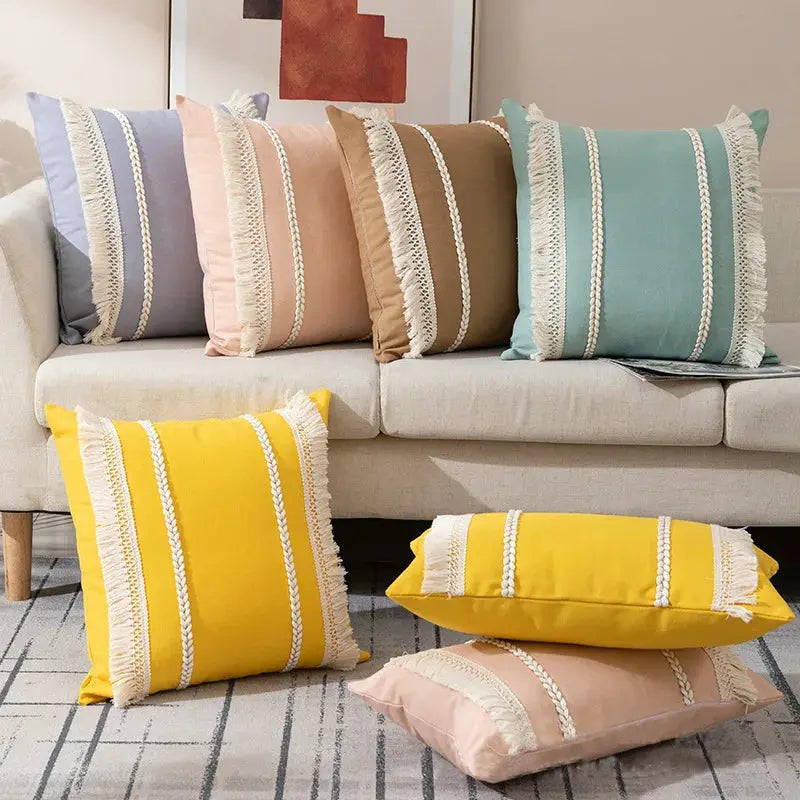 Bohemian tassel pillowcase set for living room cushions; knitted decorative cushions in multicolor, 8 pieces