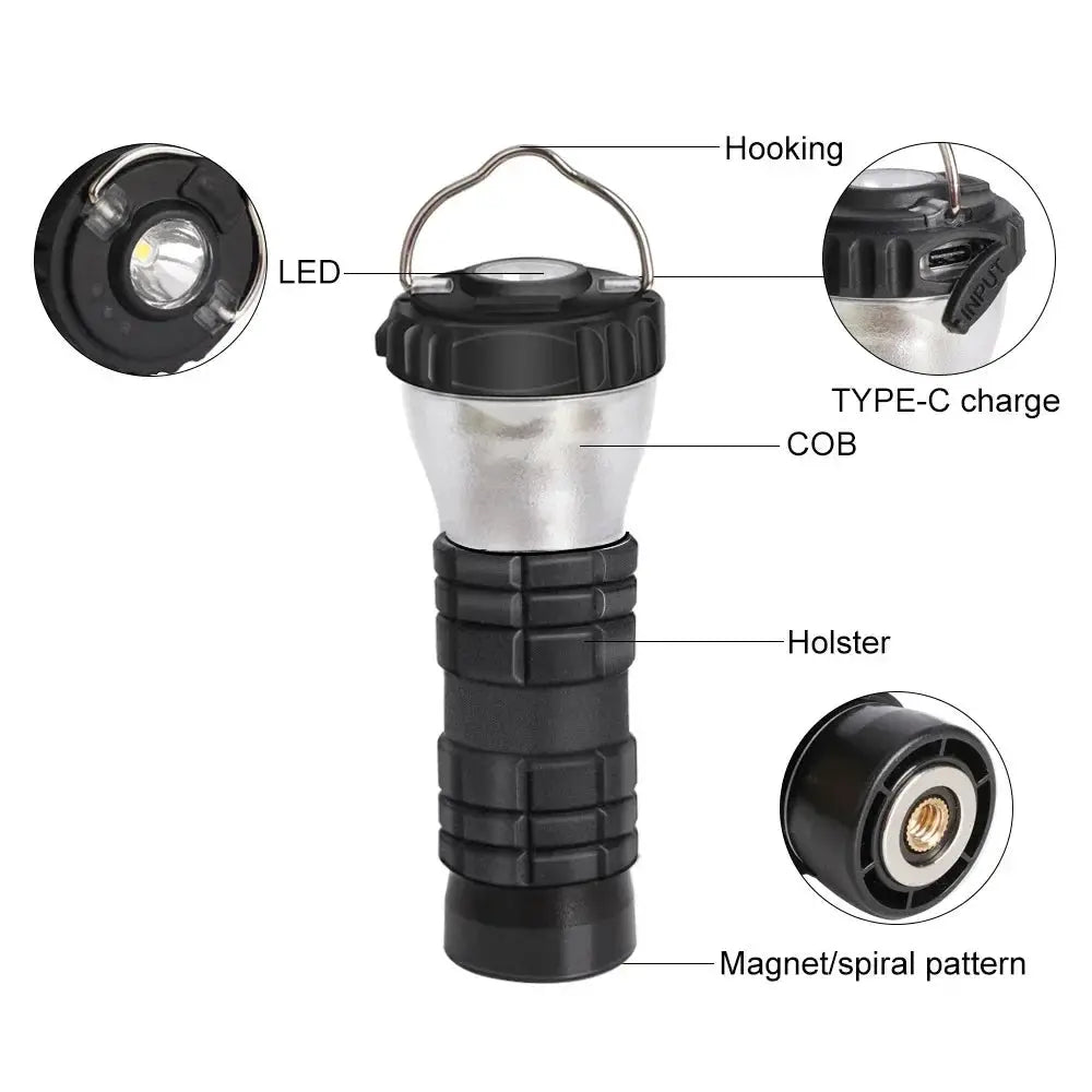 Simples Market portable camping light with black ribbed handle, LED COB, USB-C charging, and hook.