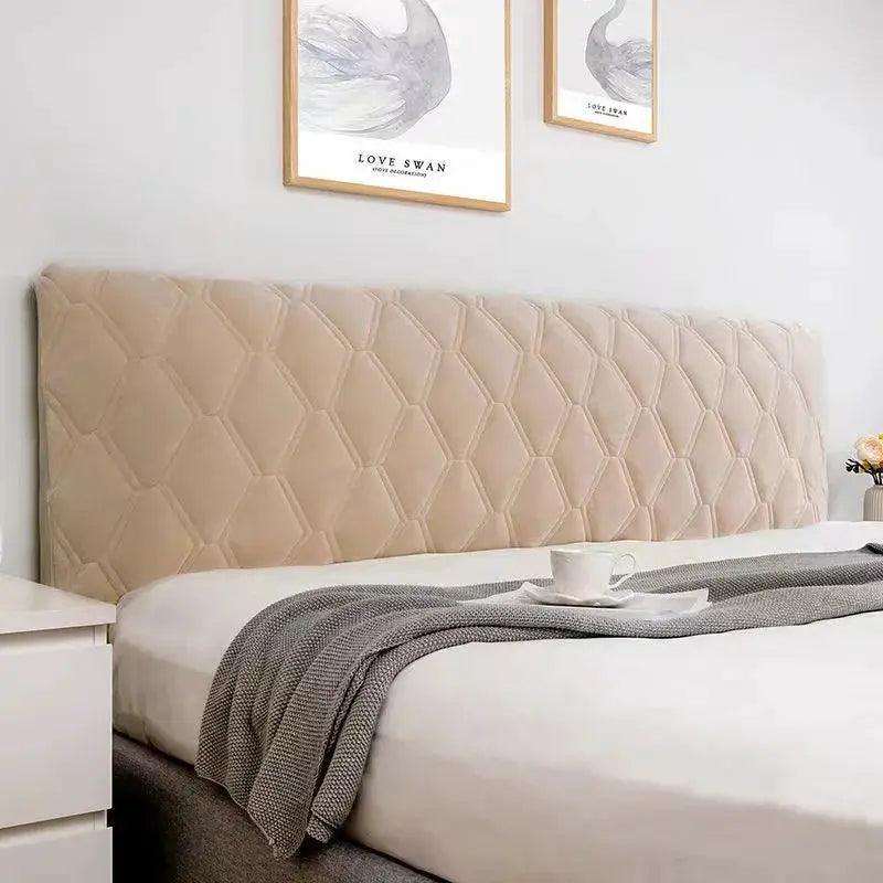 Headboard cover by Simples Market; beige quilted velvet dust protector for beds.