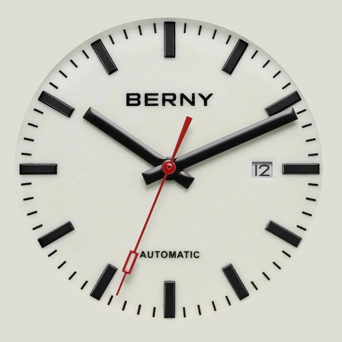 BERNY automatic men's wristwatch with white dial, black hour markers, red second hand and date window