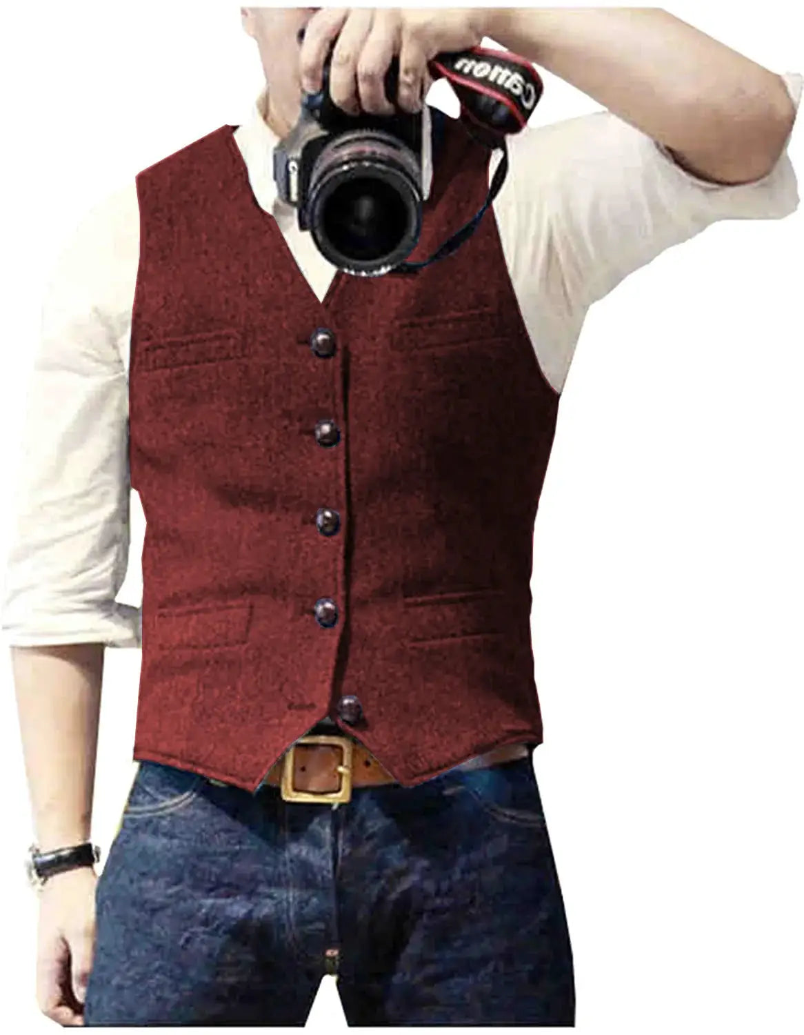 Men's suit vest, burgundy wool herringbone tweed, V-neck waistcoat with front buttons