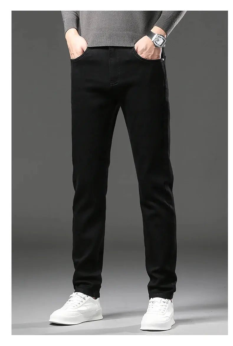Men's black fleece-lined jeans, Simples Market winter warm denim pants, slim straight with elastic waistband
