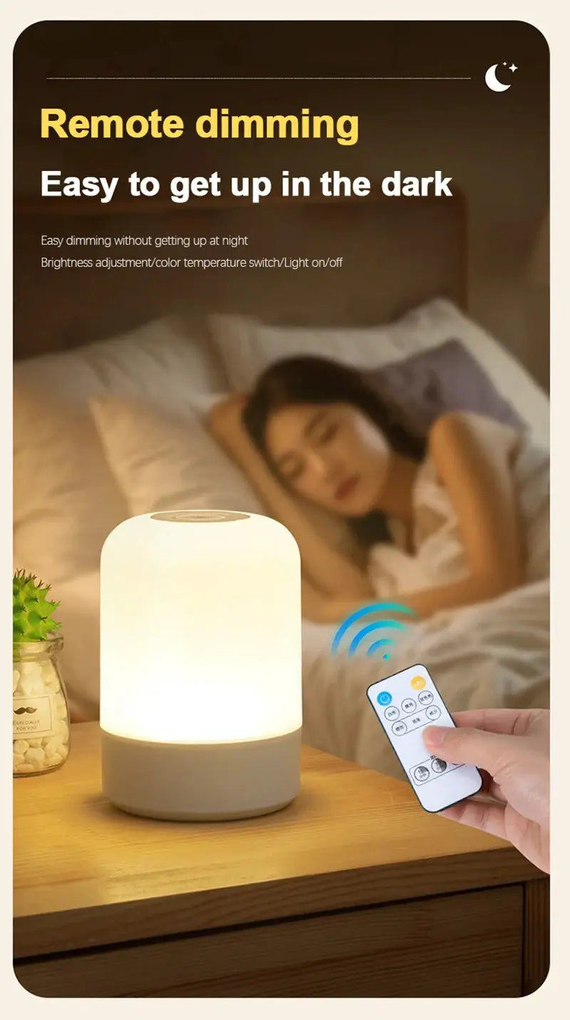 Simples Market white LED night lamp on a wooden bedside table with remote dimming; warm glow beside a plant.