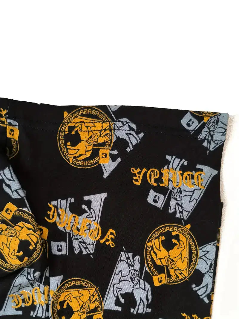 4-piece men's boxer shorts set in black fabric with gold retro logos and gray prints