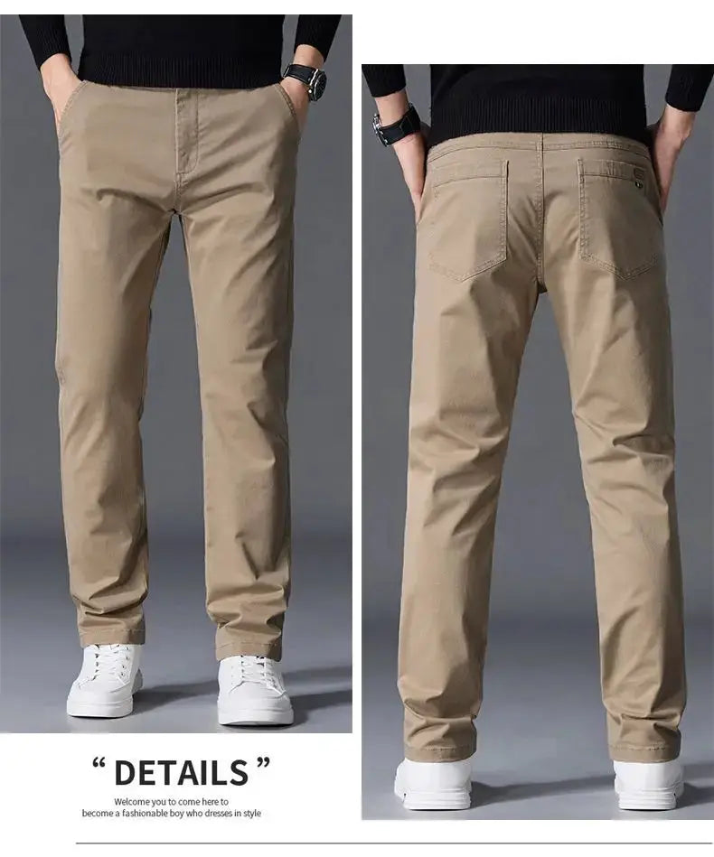Autumn men's cotton pants by Simples Market, tan, straight elastic casual business trousers; front and back views.