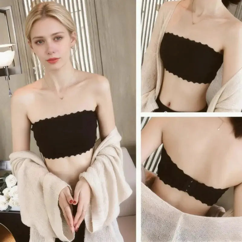 Black strapless lace bandeau bra for women, seamless and breathable with scalloped edges, shown in front and back views