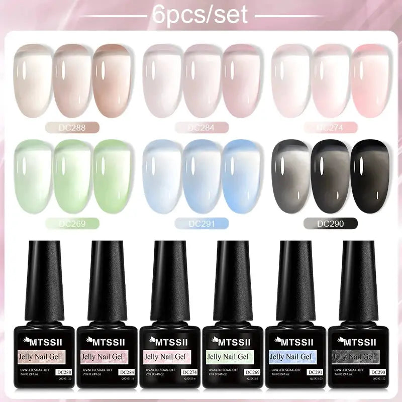 MTSSII Jelly Glass Gel Nail Polish 6-piece set with assorted pastel nude and blue shades