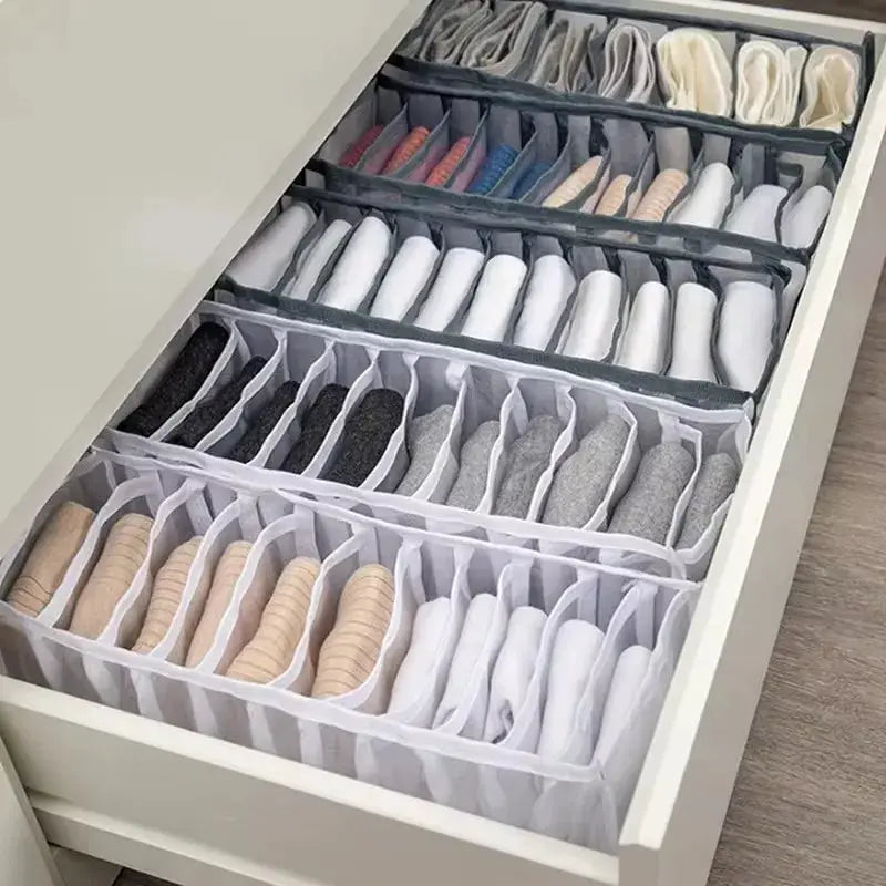Closet organizer drawer with foldable fabric dividers for underwear and socks