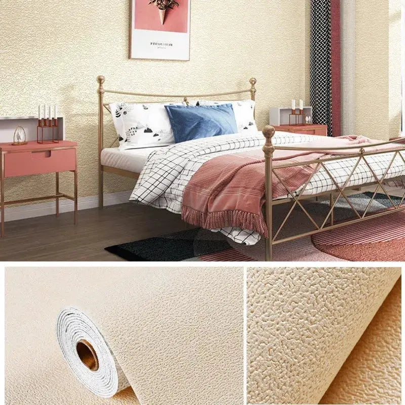 Linen 3D foam self-adhesive PVC wallpaper in beige by Simples Market; thickened, waterproof wall decor roll