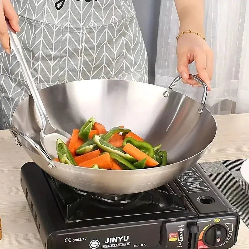 ProChef Large Stainless Steel Wok Uncoated Thick Durable Pan With Dual Handles For High Heat Cooking
