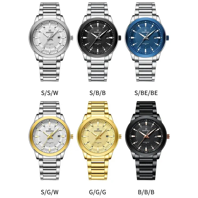 NAVIFORCE men's watches with stainless steel bracelets in silver, black, blue and gold — 9 watches on display