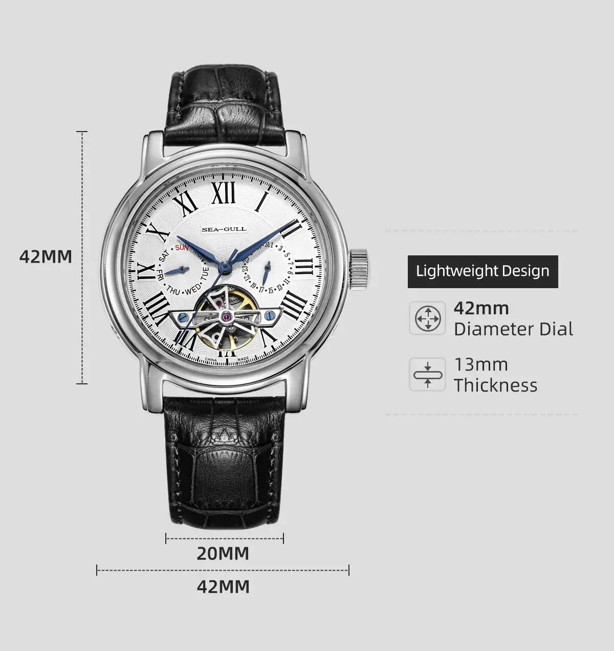 Men's automatic skeleton wristwatch with 42mm dial, white Roman numerals, blue hands, black leather strap, Simples Market