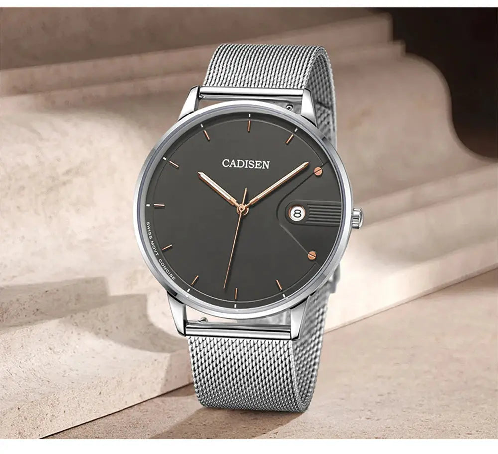 Cadisen men's quartz watch with gray dial, rose-gold hands, stainless steel Milano mesh strap
