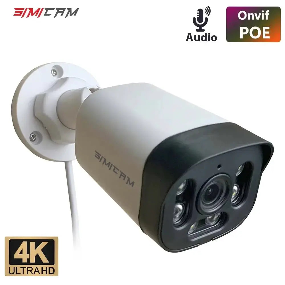 Simcam 4K UltraHD IR bullet security camera with audio, white housing, wall-mount, PoE