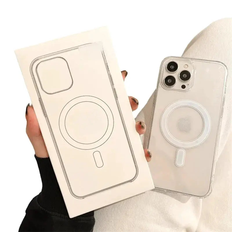 Transparent MagSafe iPhone case with circular magnetic ring, boxed packaging shown beside the clear phone case