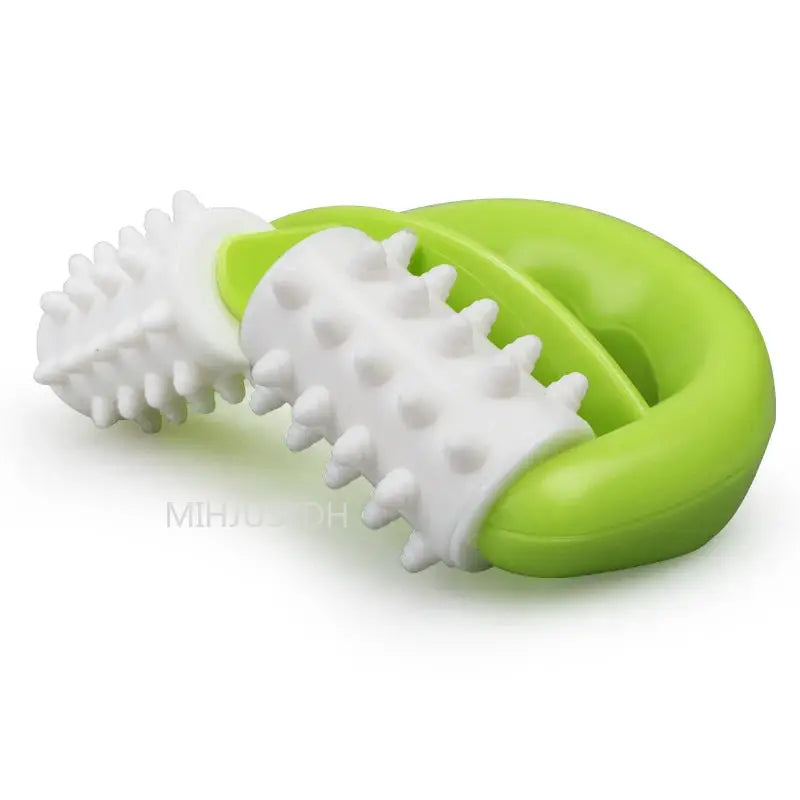 Handheld anti-cellulite massager with white spiked rollers and green handle