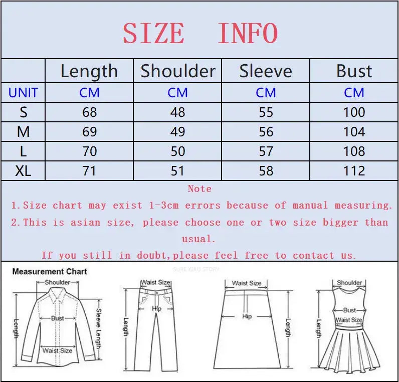 Chiffon blouse for women with loose button-up style; includes size chart and measurement diagrams.