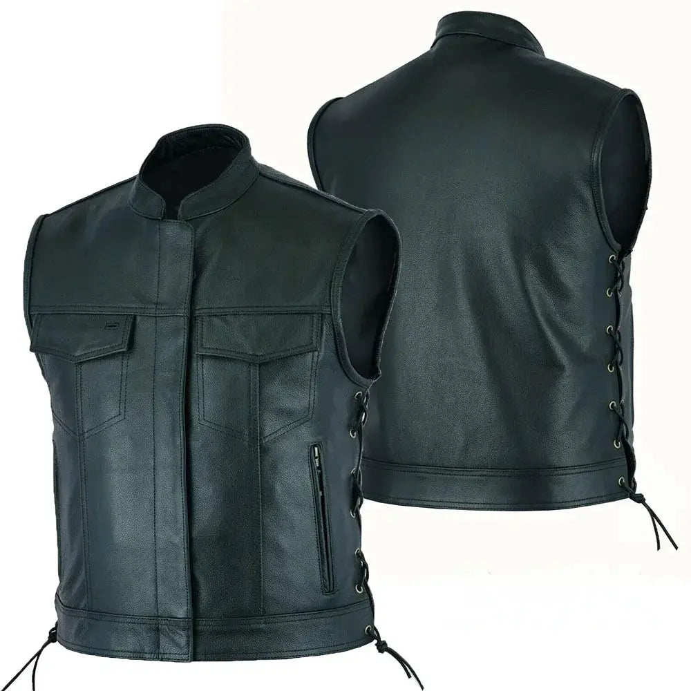 Men's black leather motorcycle vest with stand collar, lace-up sides, two chest pockets with flaps, and zip pockets.