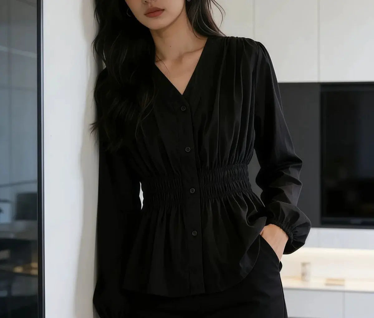 Plus Size Elastic Waist V Neck Puff Sleeve Blouse For Summer