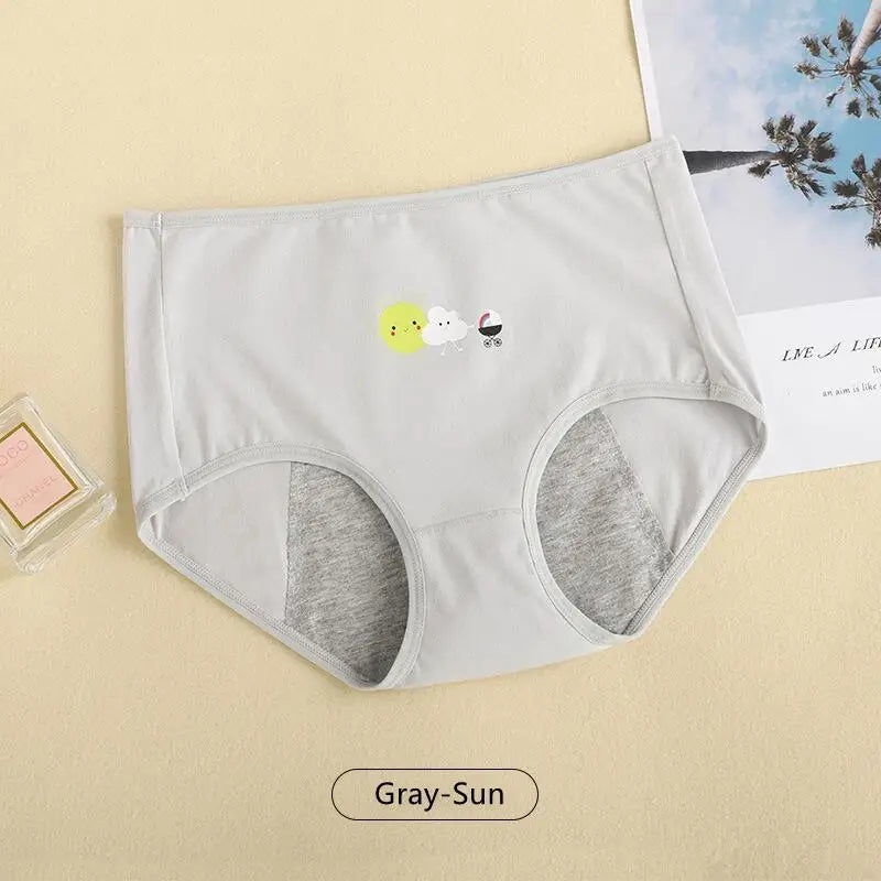 Simples Market girls' cartoon-print menstrual underwear, gray breathable cotton, leak-proof briefs.