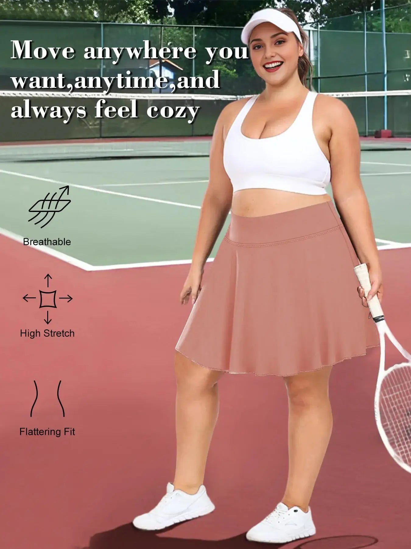Plus size dusty-rose high-waist fitness short skirt with pockets for gym and outdoor wear