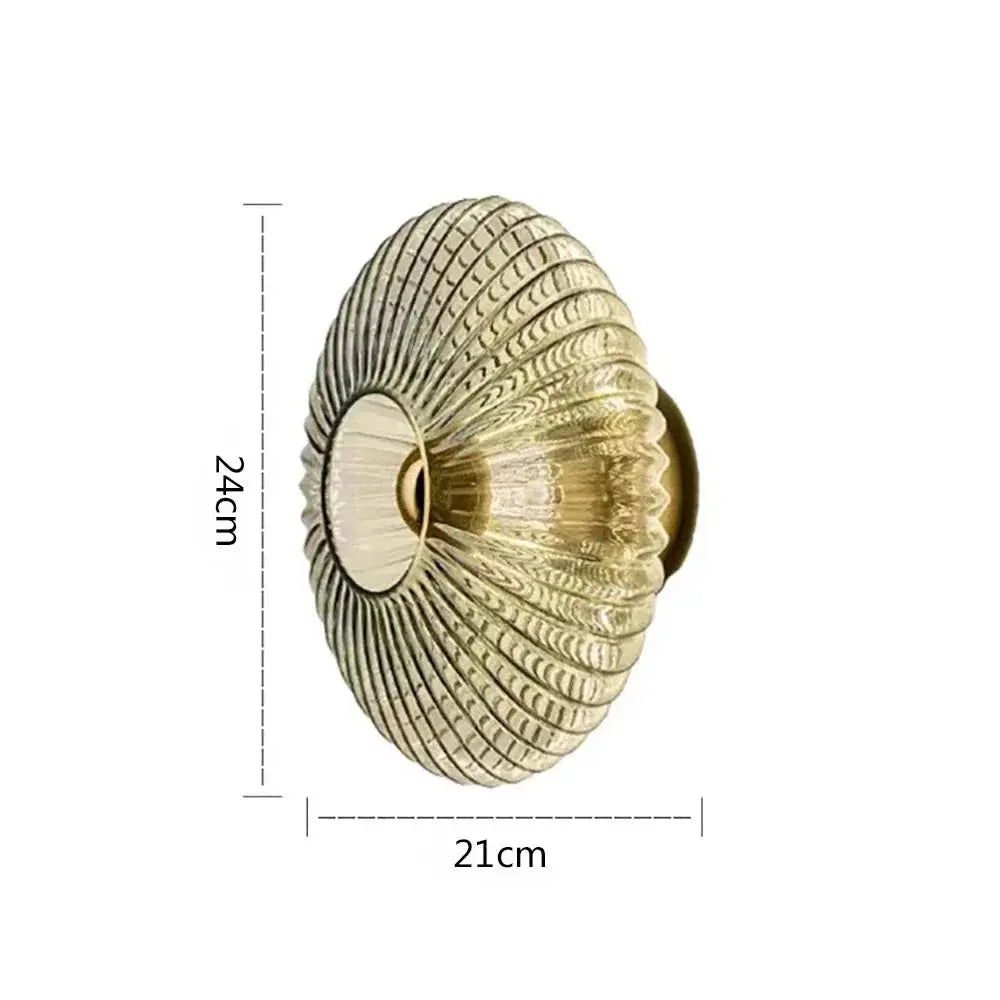 Nordic LED Glass Wall Sconce, gold ribbed sunburst glass, 24cm tall by 21cm wide