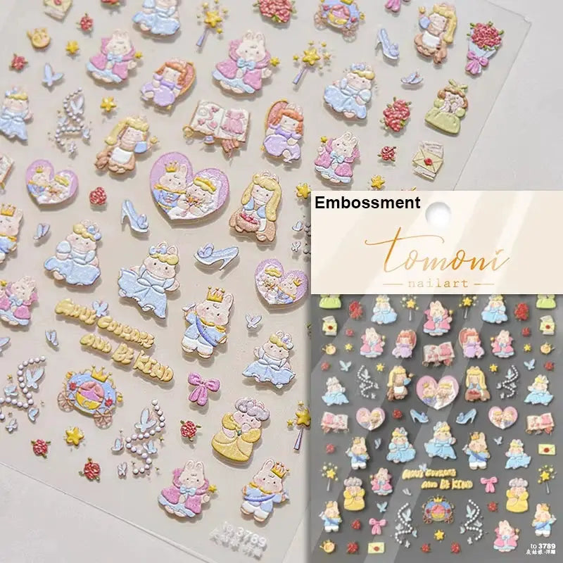 Pink translucent jelly 5D embossed nail art stickers, self-adhesive, cute fruit and princess designs by Simples Market