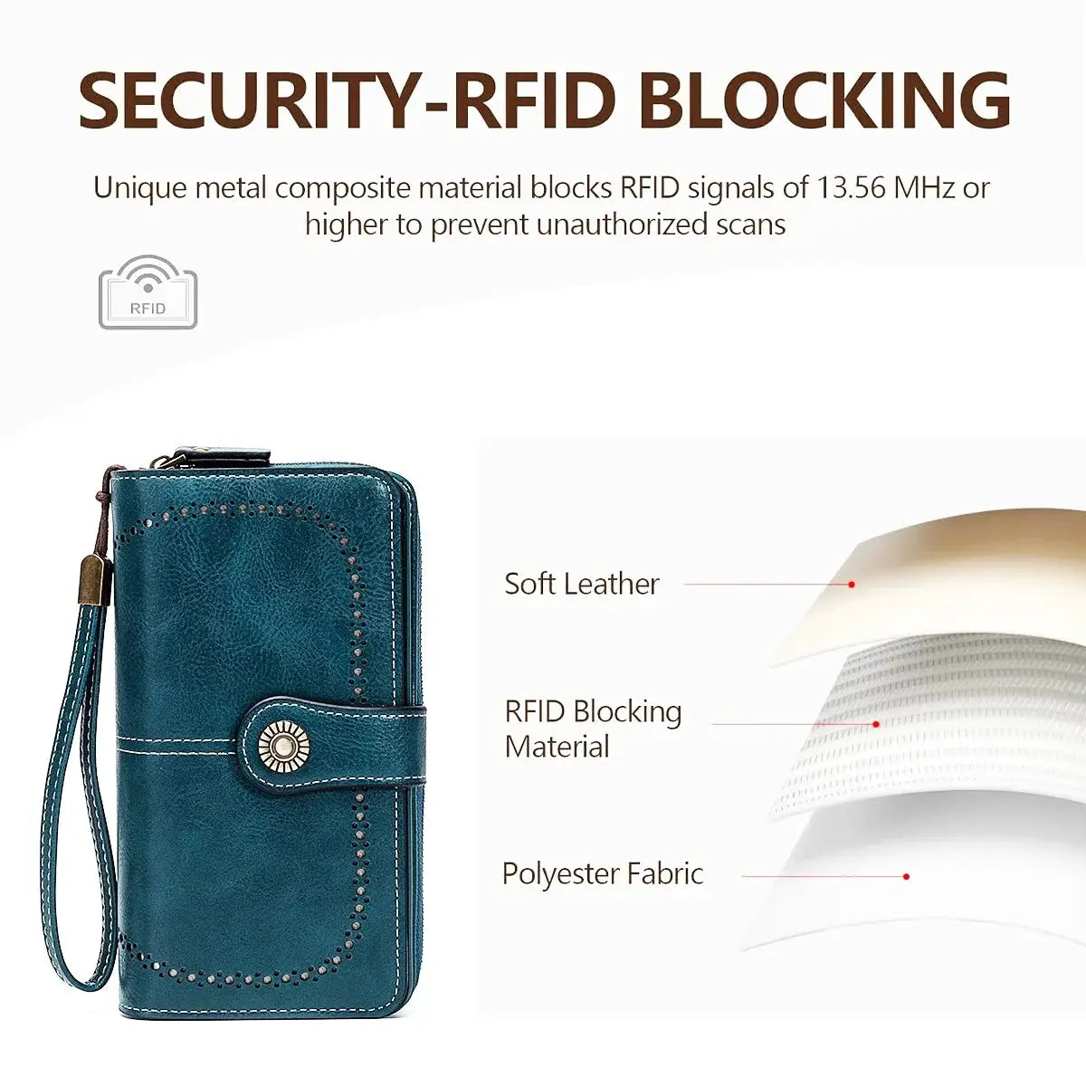 Simples Market RFID-blocking leather long wallet with wrist strap in teal oil-waxed soft leather