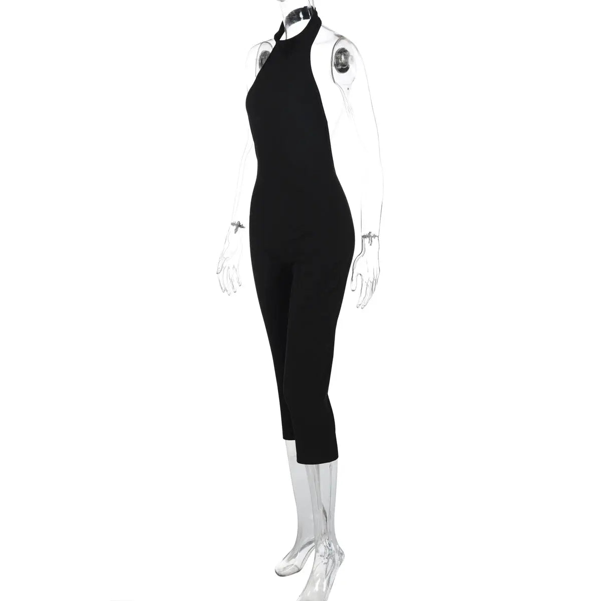 Hugcitar ribbed halter backless black jumpsuit by Simples Market; bodycon one-piece