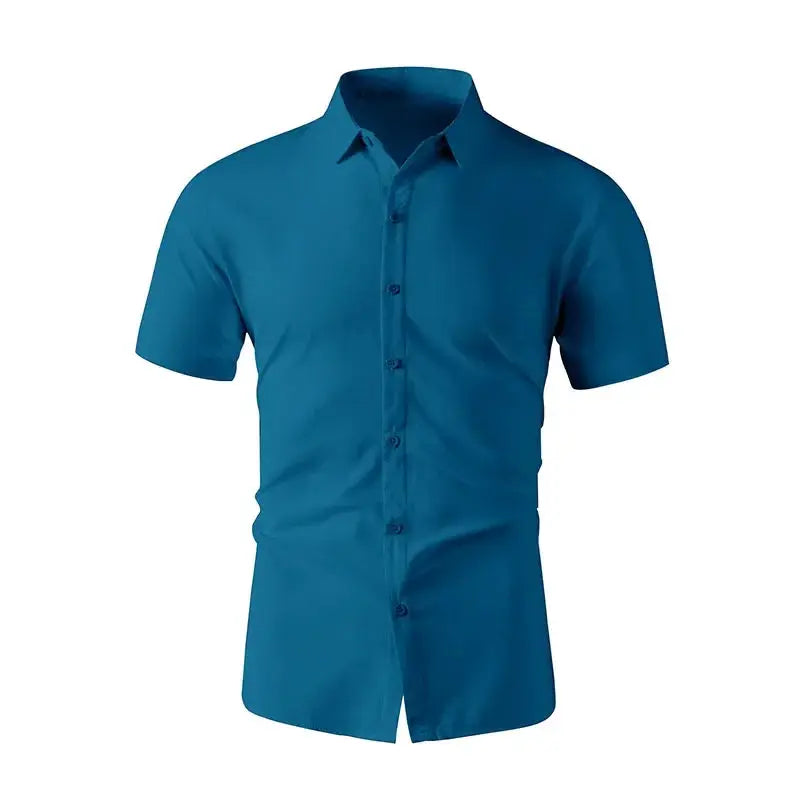 Men's business casual short-sleeve shirt, solid blue with front buttons