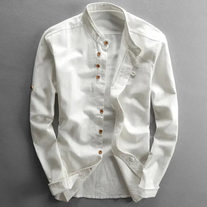 Japan-style men's linen-cotton shirt with stand collar, white, long sleeves, slim fit, brown buttons