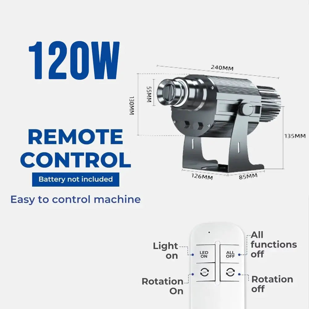 Simples Market 120W outdoor gobo projector light with remote control and rotating mount for shop entrances.