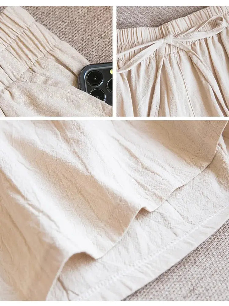 Simples Market beige cotton shorts for women, high-waist, elastic waist with drawstring, two pockets.