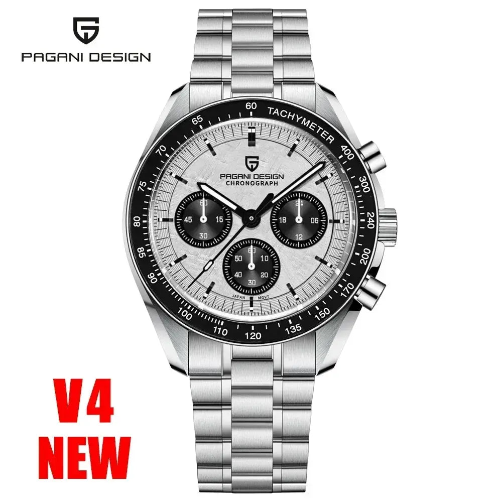 PAGANI DESIGN men's chronograph watch with stainless steel bracelet, silver dial, black tachymeter bezel, sapphire crystal