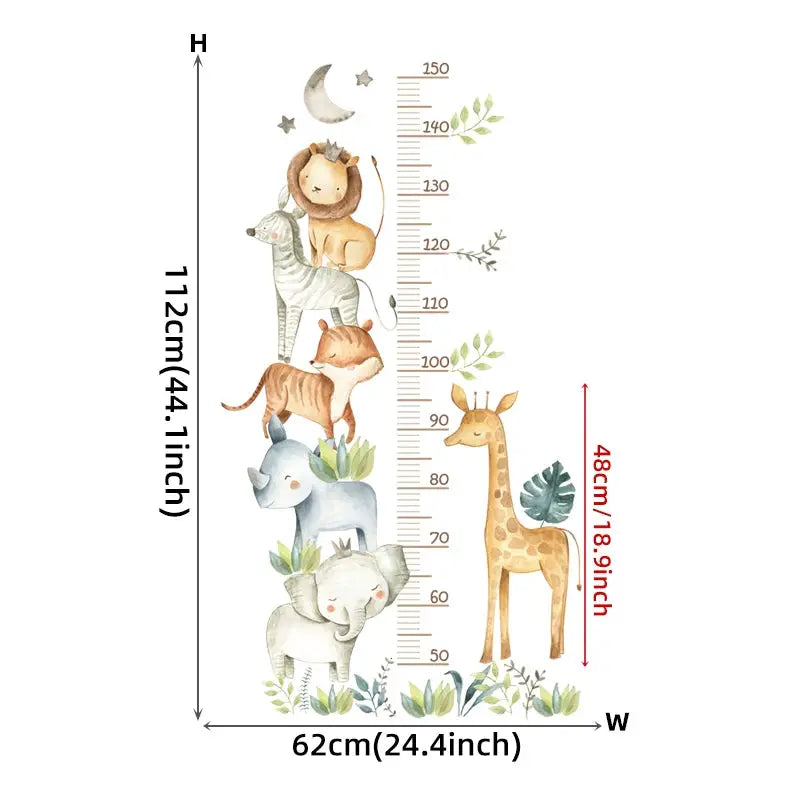 3pc cartoon animal height ruler wall stickers, waterproof removable PVC for kids' room and kindergarten