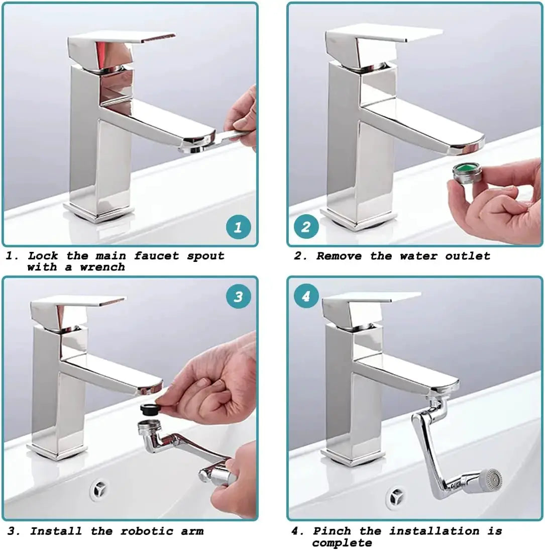 Simples Market universal faucet extender with filter, chrome finish, 1080° rotation, robotic arm.