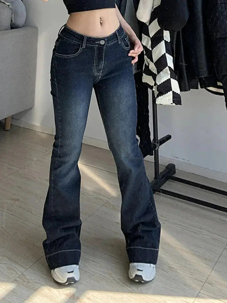 Kalevest Y2K High Street Low Rise Bootcut Jeans For Women In Blue